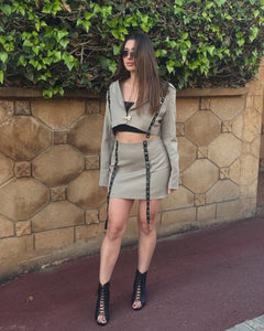 Edgy Blazer Skirt Set (Beige)